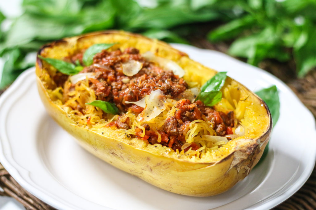 A Recipe for Garlic Spaghetti Squash with Tomatoes and Meat Sauce